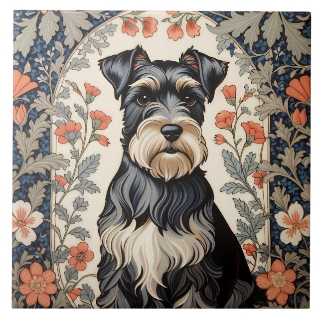 Elegant Schnauzer William Morris Inspired Floral Ceramic Tile (Front)