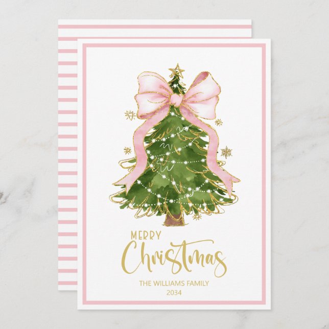 Elegant Scipt Christmas Tree Pink Bow  Holiday Card (Front/Back)