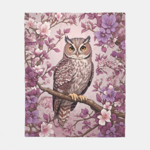 Elegant Scops Owl Purple Floral Fleece Blanket