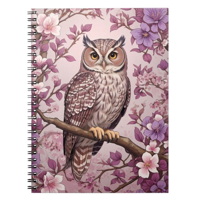 Elegant Scops Owl Purple Floral Notebook (Front)