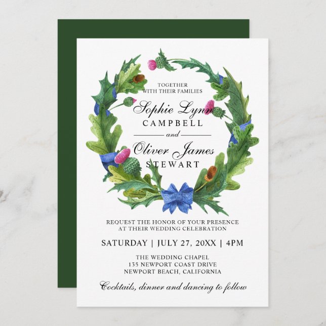 Elegant Scottish Thistle Floral Wedding Invitation (Front/Back)