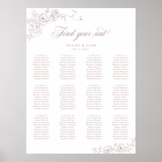 Elegant Scrip 12 Table Rose Wedding Seating Chart (Front)
