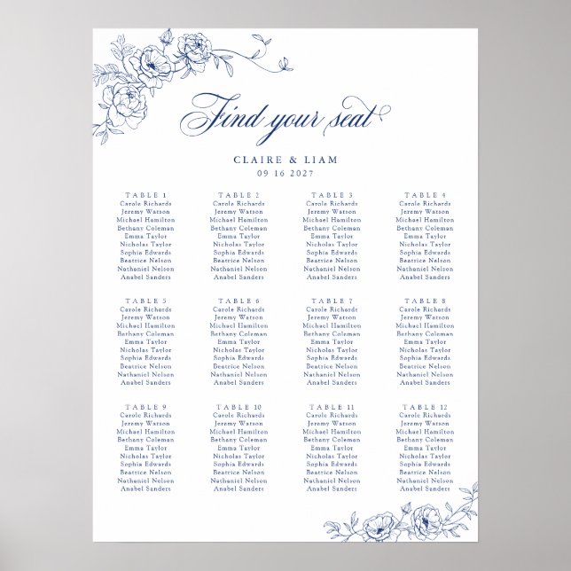 Elegant Scrip 12 Table Rose Wedding Seating Chart (Front)