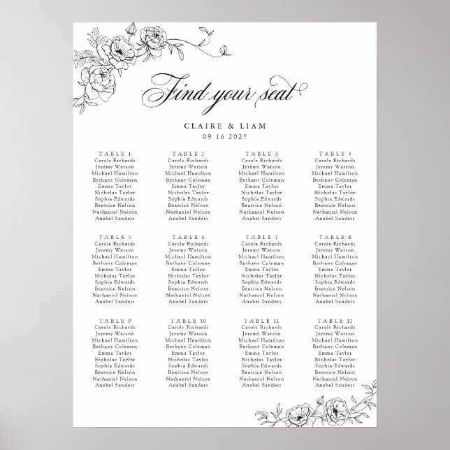 Elegant Scrip 12 Table Roses Wedding Seating Chart (Front)