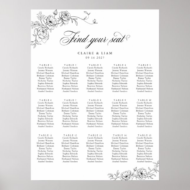 Elegant Scrip 15 Table Roses Wedding Seating Chart (Front)