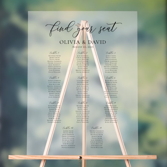 Elegant Script 11 table Seating Chart Acrylic Sign (Neutral)