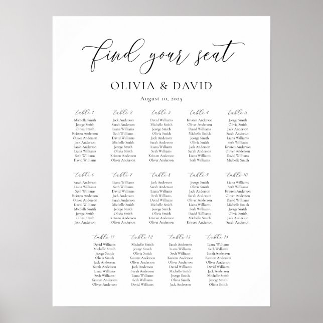 Elegant Script 14 table Seating Chart (Front)