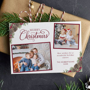 Elegant Script 2 Photo Pine Cones Merry Christmas  Holiday Card