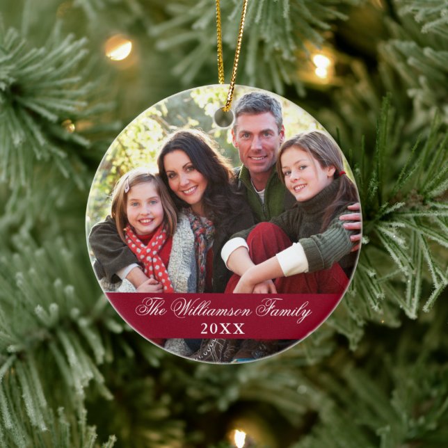 Elegant Script 2 Sided Photo Christmas Burgundy Ceramic Ornament (Tree)