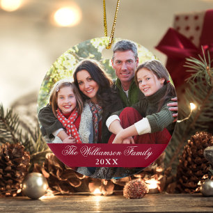 Elegant Script 2 Sided Photo Christmas Burgundy Ceramic Ornament