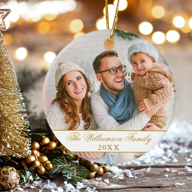 Elegant Script 2 Sided Photo Christmas Gold Ceramic Ornament (Customize text size, style or color.)