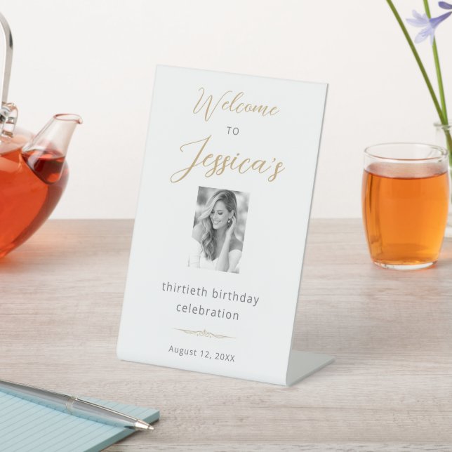Elegant Script 30th Birthday Party Photo Welcome Pedestal Sign (In SItu)