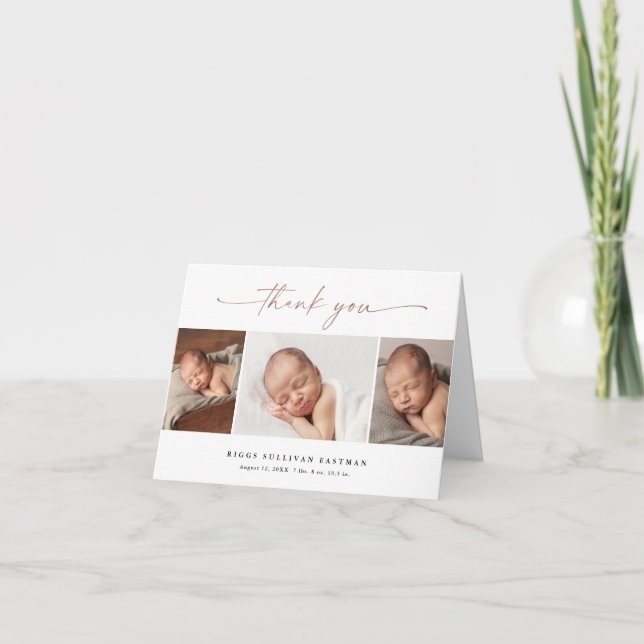 Elegant Script 3 Photo Collage Baby Thank You Card (Front)