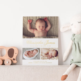 Elegant Script 3 Photo Collage Birth Announcement