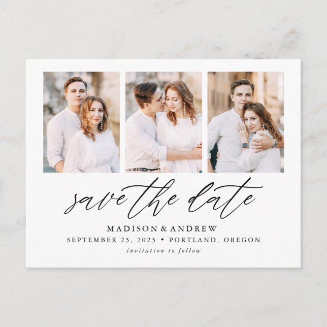 Elegant Script 3 Photo Collage Save the Date Announcement Postcard (Front)