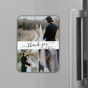 Elegant Script 3 Photo Collage Wedding Thank You Magnet