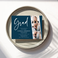 Elegant Script 3 Photo Graduation Teal Blue