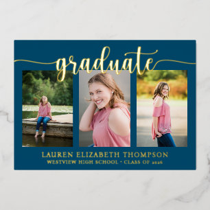 Elegant Script 3 Photo Navy Blue Graduation Gold