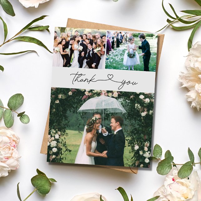 Elegant Script 3 Photo Wedding Thank You Postcard (Elegant Script 3 Photo Wedding Thank You Postcard)