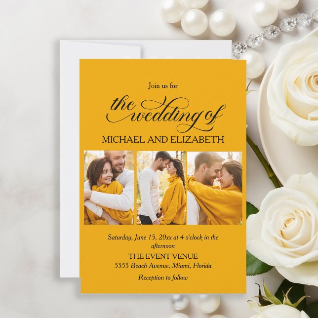 Elegant Script 3 Photo Yellow Wedding  Invitation (Elegant yellow wedding photo invitation)