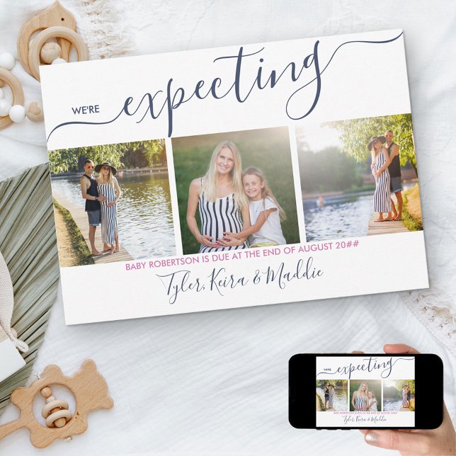 Elegant Script 3 Square Photo Navy Pink Pregnancy Announcement (Creator Uploaded)