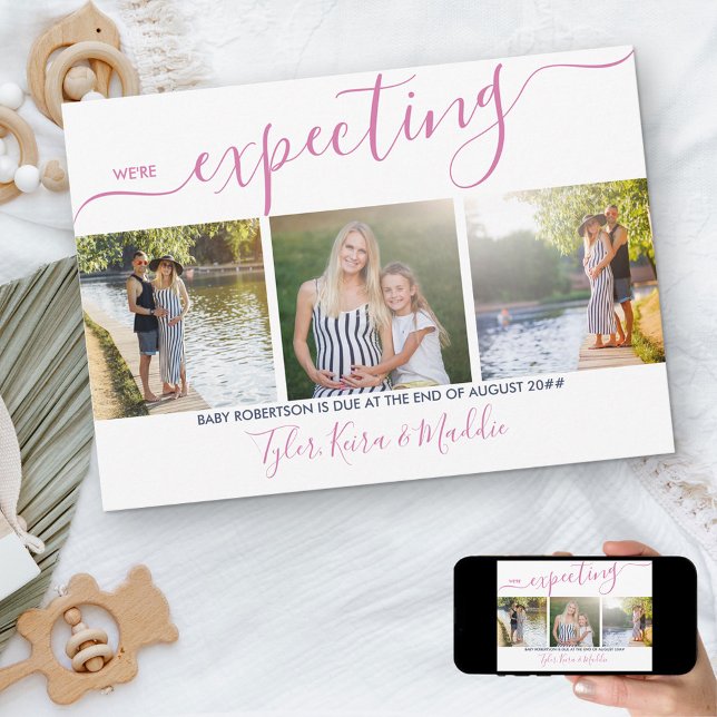 Elegant Script 3 Square Photo Pink Navy Pregnancy Announcement (Creator Uploaded)