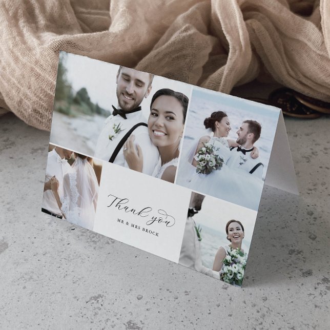 Elegant Script 4 Photo Collage Folded Wedding Thank You Card (Creator Uploaded)