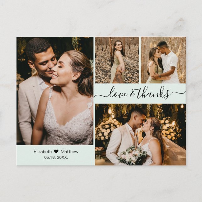 Elegant Script 4 Photo Collage Wedding Thank You Postcard (Front)