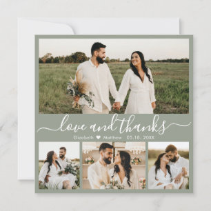 Elegant Script 4 Photo Sage Green Collage Wedding Thank You Card