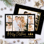 Elegant Script 5 Photo Collage Christmas Card<br><div class="desc">Modern Black and Gold Elegant Calligraphy Script 5 Photo Collage Christmas Cards. This festive, minimalist, five (5) photo holiday greeting card features a pretty photo collage, 3 pine tree doodle, „Merry Christmas” greeting text which is written in a whimsical hand lettered signature font type in Black and Gold. On the...</div>
