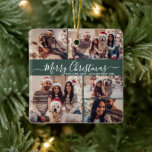 Elegant Script 5 Photo Collage Green Christmas  Ceramic Ornament<br><div class="desc">Elegant Modern Script 5 Photo Collage Merry Christmas Green Holiday Ceramic Ornament. Features minimalist five (5) photo collage template a pretty grid collage and „Merry Christmas” saying! The „Merry Christmas” greeting text is written in a beautiful hand lettered whimsical swirly swash-tail font script in white on Green colour background. On...</div>