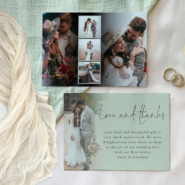 Elegant Script 6 Photos Wedding Love Thanks Sage Card (Front and back view)