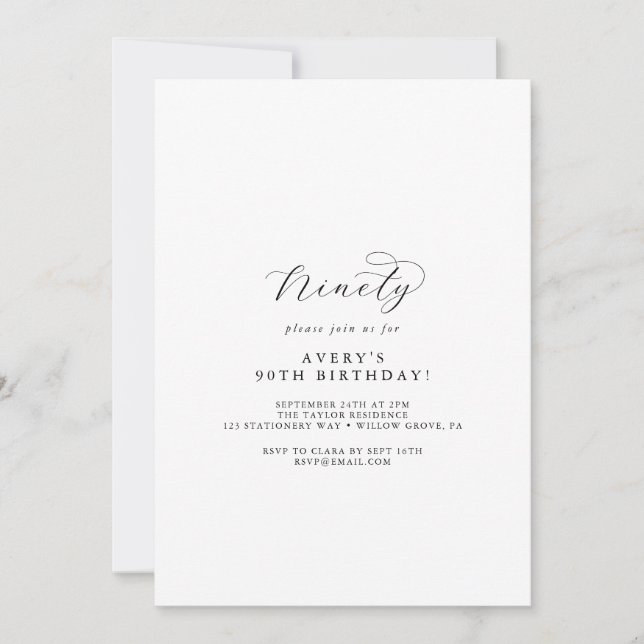 Elegant Script 90th Birthday Party Invitation (Front)