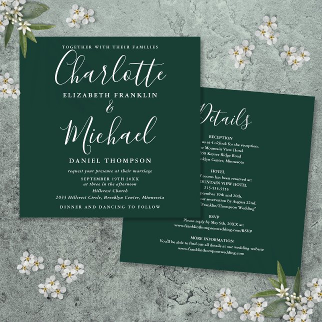 Elegant  Script All In One Emerald Green Wedding Invitation (Elegant Script All In One Emerald Green Wedding Invitation)