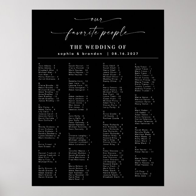 Elegant Script Alphabetical Wedding Seating Chart (Front)