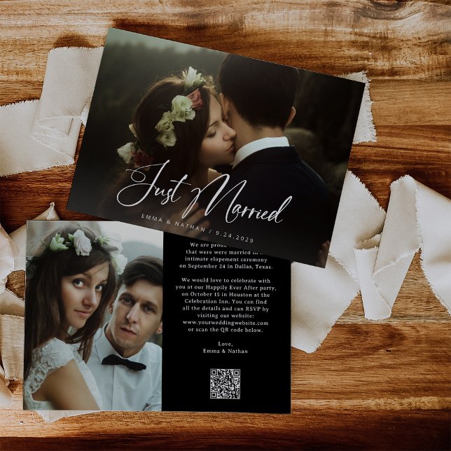 Elegant Script and Black | QR Code Just Married Invitation (Creator Uploaded)