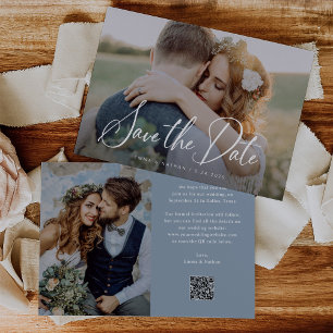 Elegant Script and Dusty Blue   Photo and QR Code Save The Date