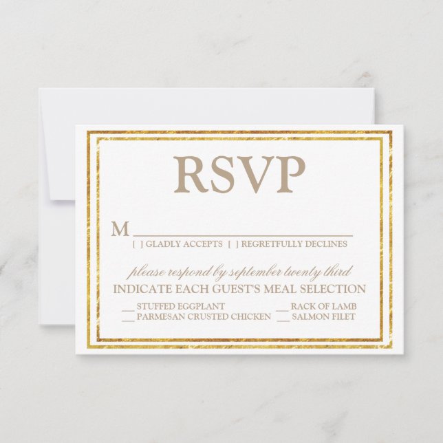 Elegant Script and Gold Border Wedding RSVP Card (Front)