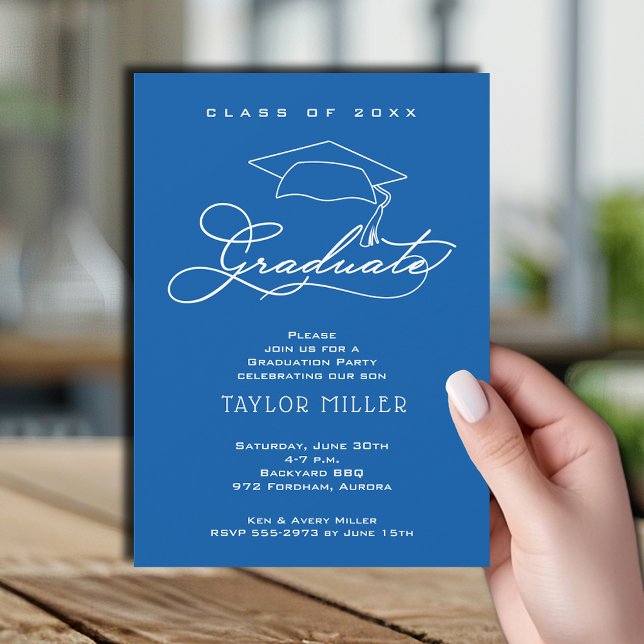 Elegant Script and Grad Cap Blue Graduation Invitation (Elegant Grad Cap Blue Graduation Invitations, PRINTED and/or INSTANT DOWNLOAD)