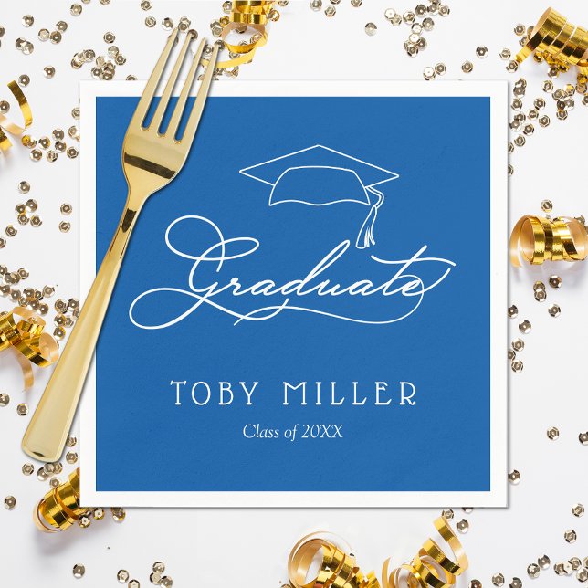Elegant Script and Grad Cap Blue Graduation Napkin (White script grad cap on blue personalized graduation napkins, paper plates in our store)