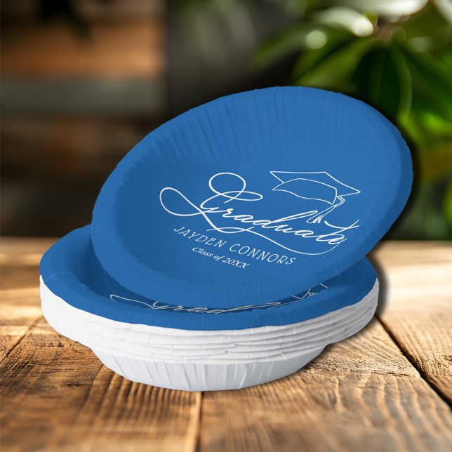 Elegant Script and Grad Cap Blue Paper Plate (Elegant Graduate script and grad cap on blue paper bowls)