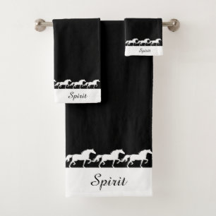 Elegant Script and Stylish Horses on Black Bath Towel Set