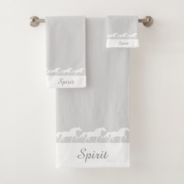 Elegant Script and Stylish Horses on Silver Gray Bath Towel Set (Insitu)