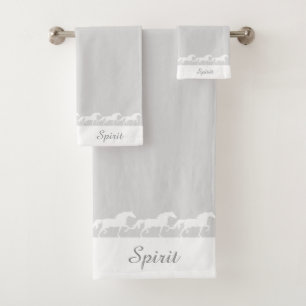 Elegant Script and Stylish Horses on Silver Grey Bath Towel Set