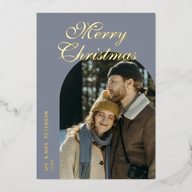 Elegant Script Arch Newlyweds Photo Gray Gold Foil Holiday Card (Front)