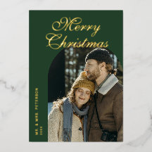 Elegant Script Arch Newlyweds Photo Green Gold