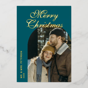 Elegant Script Arch Newlyweds Photo Teal Gold Foil Holiday Card