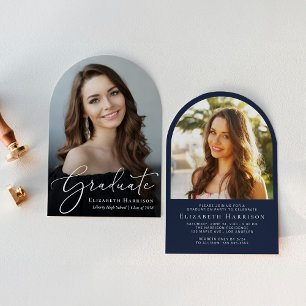 Elegant Script Arch Photo Blue Graduation Party Invitation