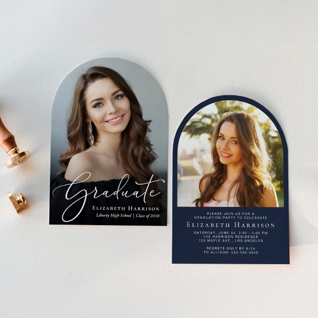 Elegant Script Arch Photo Blue Graduation Party Invitation (An elegant arch-shaped photo graduation party invitation to celebrate the graduate's achievements)