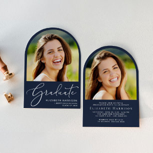 Elegant Script Arch Photo Blue Graduation Party Invitation